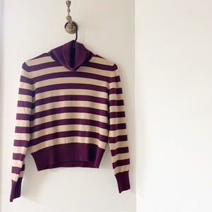 N. Peal 100% Pure Cashmere Turtleneck Maroon/Tan Striped Sweater | Medium
